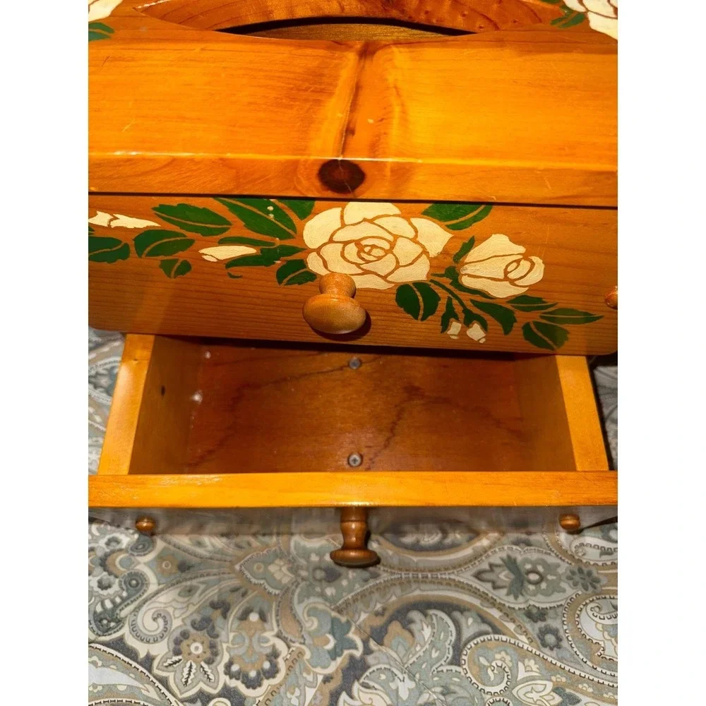 Vintage Hand Painted Wood Jewelry Box Tissue Holder Combo Floral Rose 2 Drawer